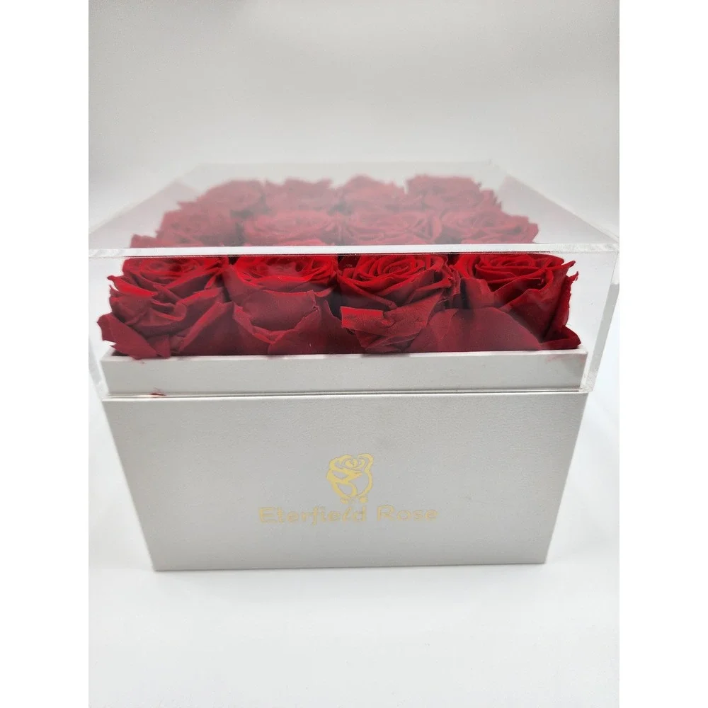 Eterfield Rose Preserved Red Roses in White Square Box with Acrylic Lid 16 Count
